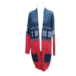Kerisma Red Blue Fair Isle Open Front Cardigan Sweater Wool Mohair Pockets S / M